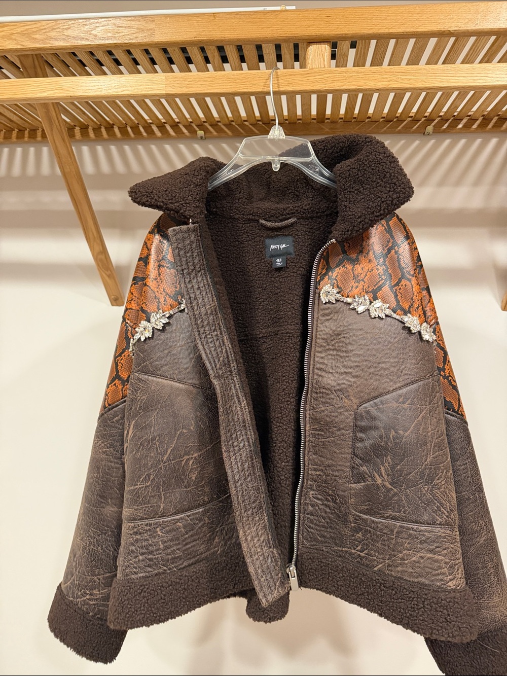 Nasty Gal Brown Faux Shearling Bomber Jacket with Snake-Print Panels